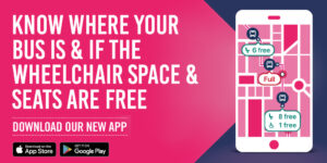 Bus app promotional graphic with text Know where your bus is and how many seats are free