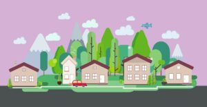 Neighbourhood graphic featuring houses, a red car and a forest in the background.