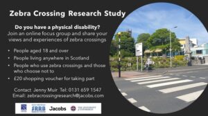 Image containing a photograph of a zebra crossing, showing white stripes painted onto the road and amber flashing lights at the side of the road. Text repeats content of written post. Transport Scotland, Scottish Roads Research Board, Jacobs and University of Edinburgh logos displayed.
